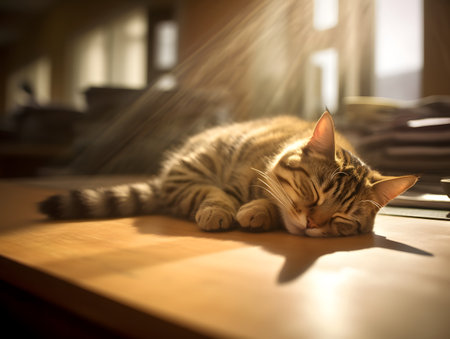 Cute cat sleeping on the wooden table at home. Selective focus.の素材