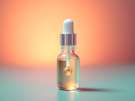 Glass dropper bottle with serum or essential oil on a gradient background.の素材