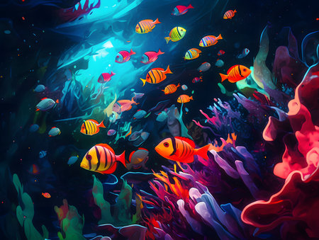 Underwater scene with fish and coral reef.の素材