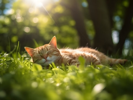 Cute ginger cat lying on green grass in sun rays. Focus on its eye.の素材