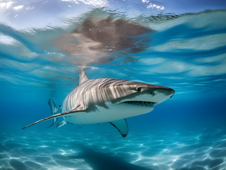 Great white shark swimming in the blue water.の素材