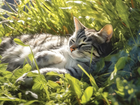 Beautiful tabby cat lying in the grass on sunny day.の素材