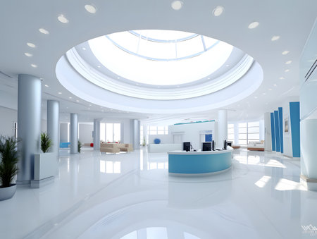 Interior of modern office with white walls, white floor and blue reception deskの素材