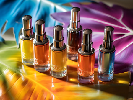 perfume bottles on tropical leaf background, closeup of photoの素材