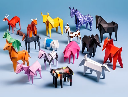 Set of origami horses isolated on blue background.の素材