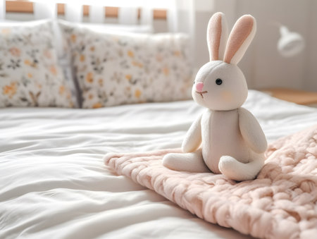 Cute toy bunny on soft plaid in room, closeupの素材