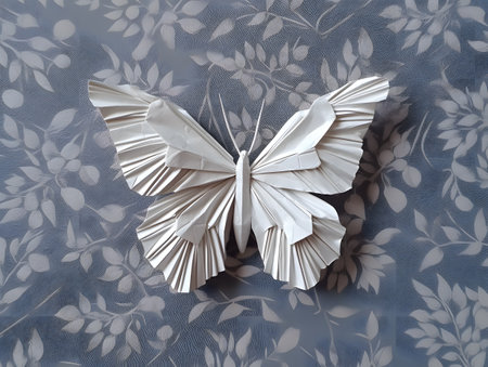 Paper butterfly origami on a background of gray fabric with flowers.の素材