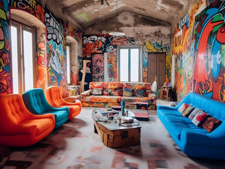 Interior of a modern living room with colorful graffiti on the wallsの素材
