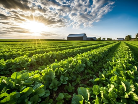 Sunset over a field of lettuce and a farm in the backgroundの素材