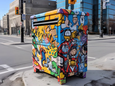 Colorful graffiti on a trash can in the cityの素材