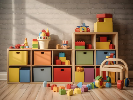 Wooden shelves with colorful toys on the background of a brick wallの素材