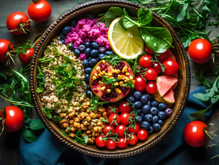 Healthy salad with quinoa, tomatoes and blueberries on a dark wooden backgroundの素材
