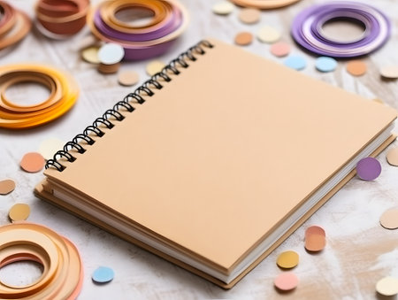 Blank notebook and colorful confetti on white wooden background. Mock-upの素材