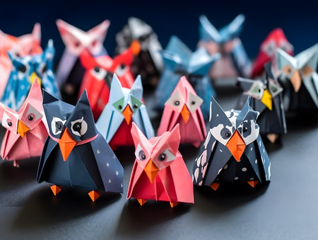 Colorful origami paper bats on black background. Halloween concept.の素材