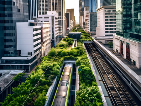 Train and cityscape in a modern and sustainable cityの素材