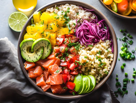 Hawaiian poke bowl with salmon, avocado, mango, cucumber, red onion and bulgurの素材