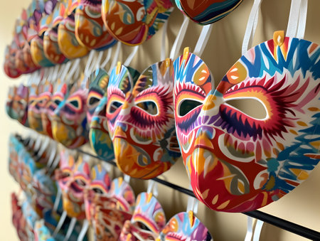 Colorful carnival masks hanging on the wall.の素材