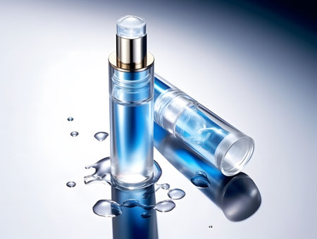 Perfume bottle with droplets on blue backgroundの素材