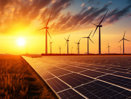 Solar panels and wind turbines at sunset. Alternative energy source.の素材