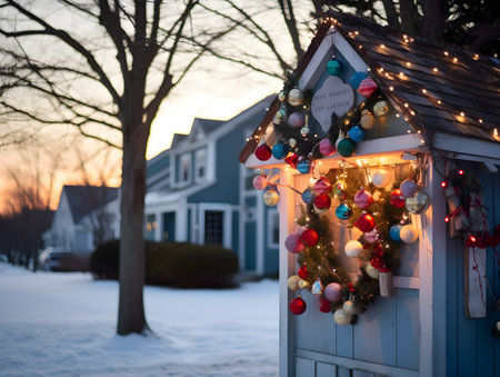 Colorful Christmas ornaments in front of a house in winterの素材