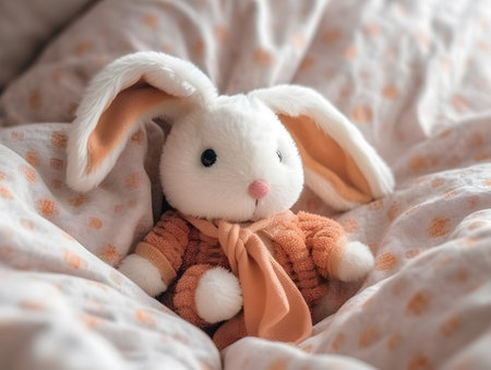 Easter bunny with orange scarf on the bed. Happy Easter concept.の素材