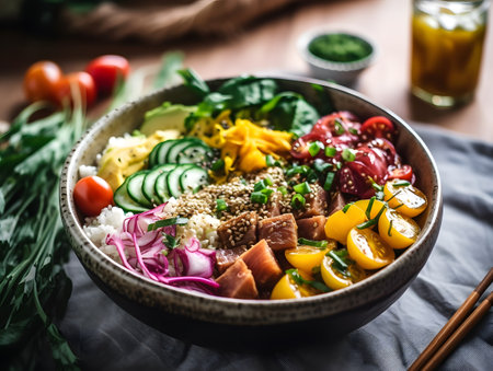 Hawaiian poke bowl with salmon, avocado, cucumber, red onion, mango and sesame seedsの素材