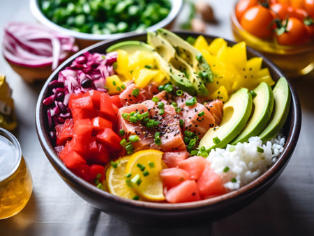 Hawaiian salmon poke bowl with avocado, mango, red onion, sesame seeds and cilantroの素材
