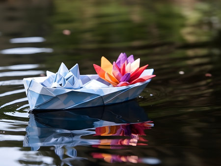 Colorful origami boats floating on the surface of the water.の素材