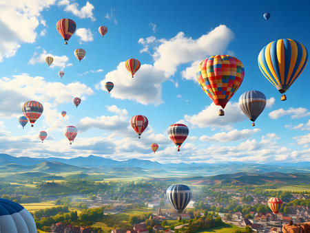 Colorful hot air balloons flying in blue sky.の素材