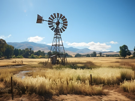 An old windmill in the middle of a wheat field with mountains in the backgroundの素材