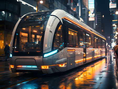 Modern tram in the city at nightの素材