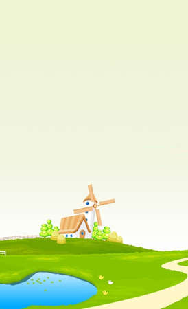cartoon garden house background with lakeの写真素材