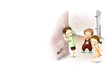 cute children playing hide and seek cartoonの写真素材