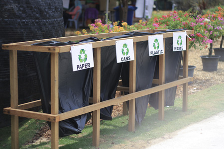 recycle bin with created using plastic bagの写真素材