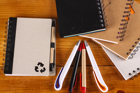stationaries isolated on wooden backgroundの写真素材