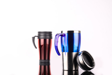 steel mug isolated on white backgroundの写真素材