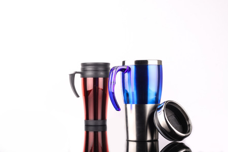 steel mug isolated on white backgroundの写真素材