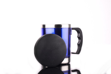 steel mug isolated on white backgroundの写真素材