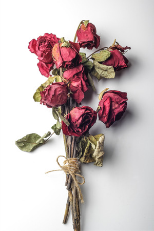 red dried rose bouquet being tied with rope. Isolated on white backgroundの写真素材