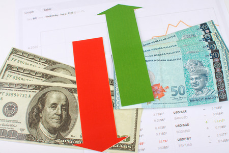 malaysian and the united states of america's money with red and green arrow on fluctuating chartの写真素材