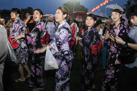 SHAH ALAM, MALAYSIA - SEPTEMBER 5: Bon-Odori Festival in Shah Alah,  on September 5, 2015. Participants in "Bon Odori" festival, held annually to celebrate the unique style of dancing performance from japan to Malaysian people that came to that festival.のeditorial素材