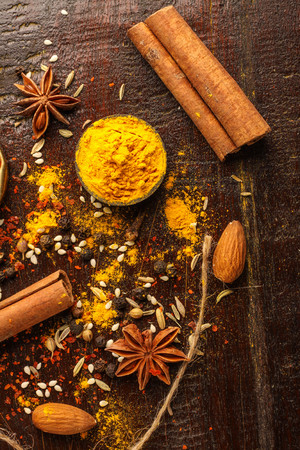food and cuisine ingredients on wooden backgroundの写真素材