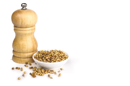 white pepper with grinder in the background isolated in whiteの写真素材