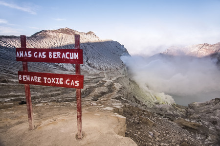 Ijen Crater landscape from the crater, seen on the left is the Ijen only left peak. The Ijen volcano complex is a group of stratovolcanoes in the Banyuwangi Regency of East Java, Indonesia 18 November 2015.のeditorial素材