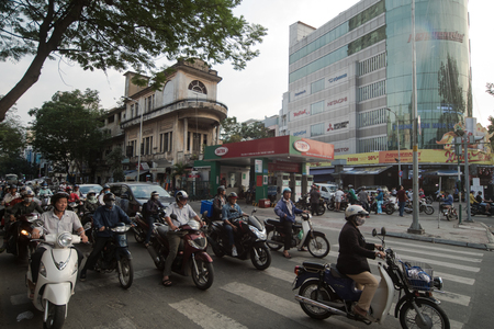 Ho Chi Minh City, Vietnam - 30 December 2017. Normal heavy traffic in Ho Chi Minh City with bikes.のeditorial素材
