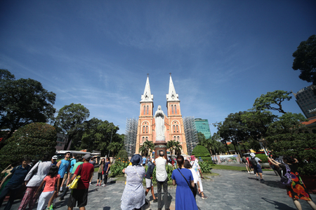 Ho Chi Minh City, Vietnam - 30 December 2017. Notre-Dame Cathedral Basilica of Saigon, officially Cathedral Basilica of Our Lady of The Immaculate Conception is a cathedral located in the downtown of Ho Chi Minh City, Vietnam.のeditorial素材