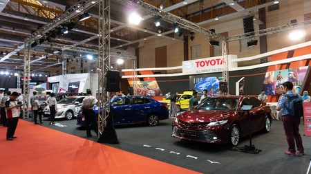 kuala lumpur, malaysia - 16 april 2019. toyota booth at kuala lumpur motor showのeditorial素材