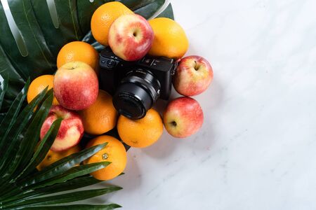 summer fruits flat-lay with marble backgroundの写真素材