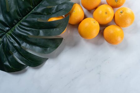 green leaf and orange with marble backgroundの写真素材