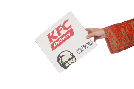 Shah Alam, Malaysia - 1 November 2019, Box of KFC isolated on white background.のeditorial素材